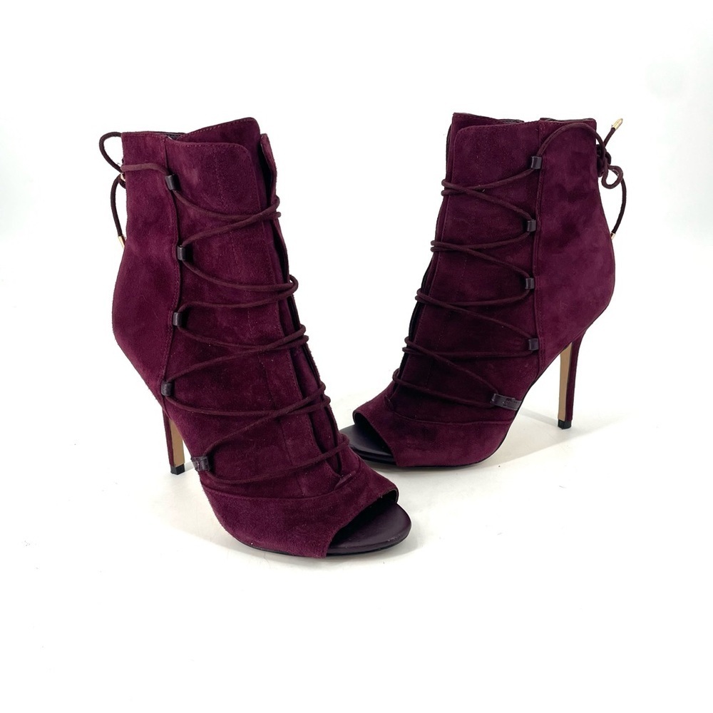 Sam Edelman Asher Suede Merlot Open Toe Lace Up Side Zip Stiletto Ankle Bootie